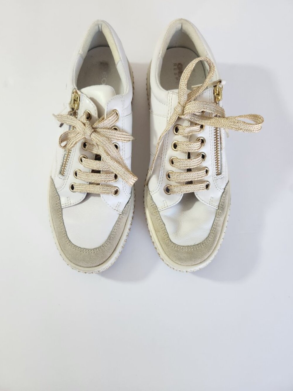 GEOX Leelu E Leather & Suede Zipper Sneakers White/Gold Size 7 Women